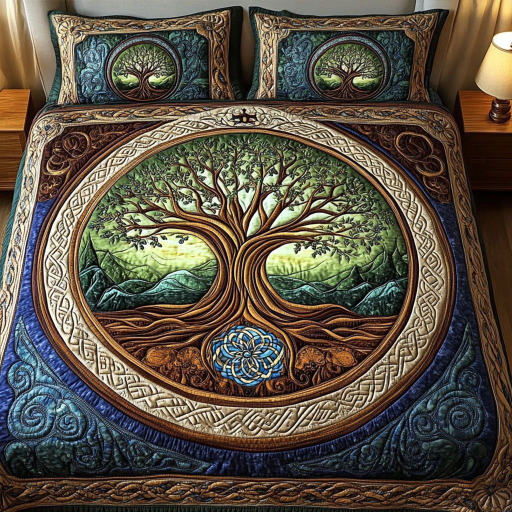 Ancient Weave quilted 3-piece bedding set on a made bed with two matching pillow shams