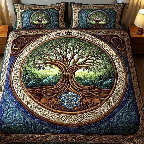 Ancient Weave quilted 3-piece bedding set on a made bed with two matching pillow shams
