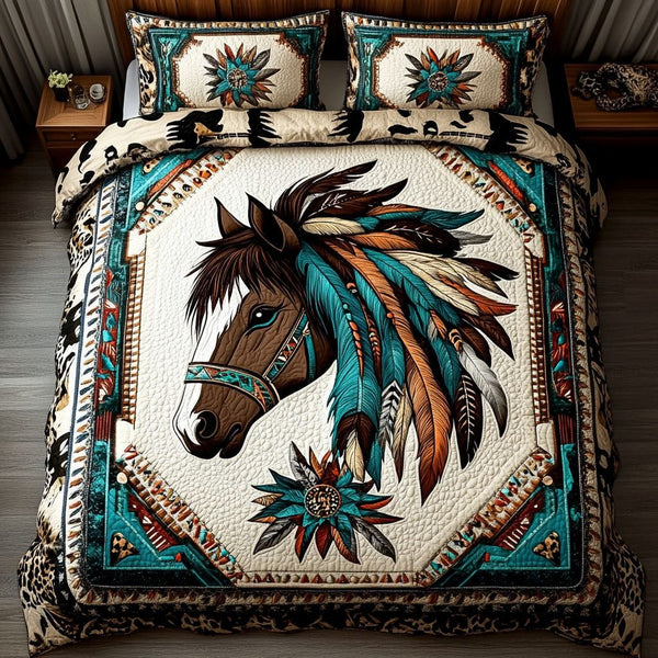 Ancient Weave quilted 3-piece bedding set on a made bed with two matching pillow shams