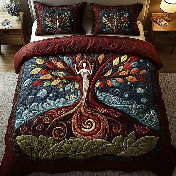 Ancient Wisdom quilted 3-piece bedding set on a made bed with two matching pillow shams