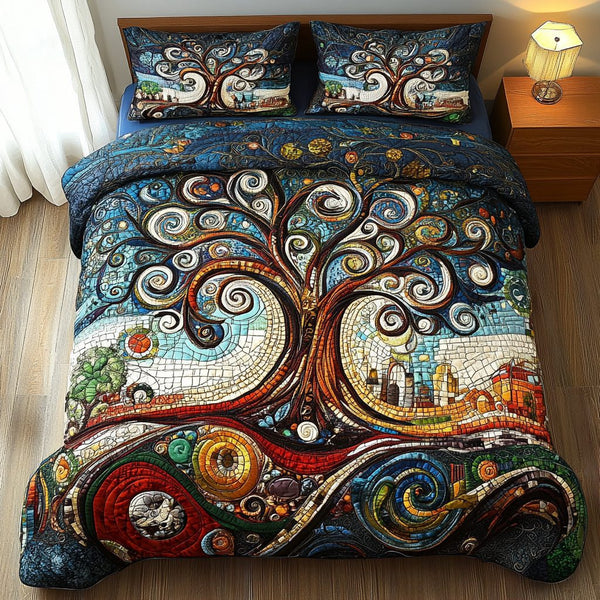 Ancient Wisdom quilted 3-piece bedding set on a made bed with two matching pillow shams