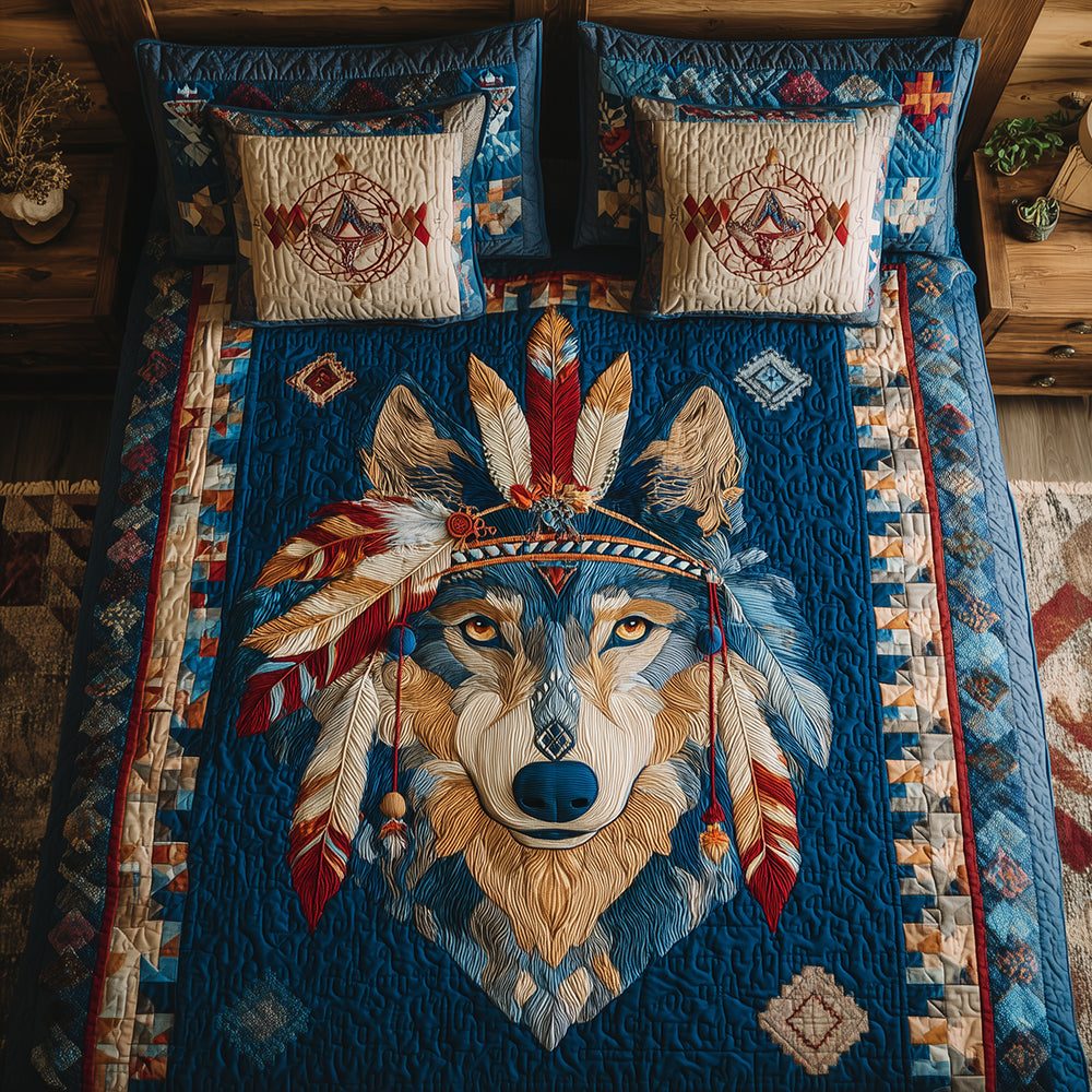 Ancient Wolf Trail quilted 3-piece bedding set on a made bed with two matching pillow shams