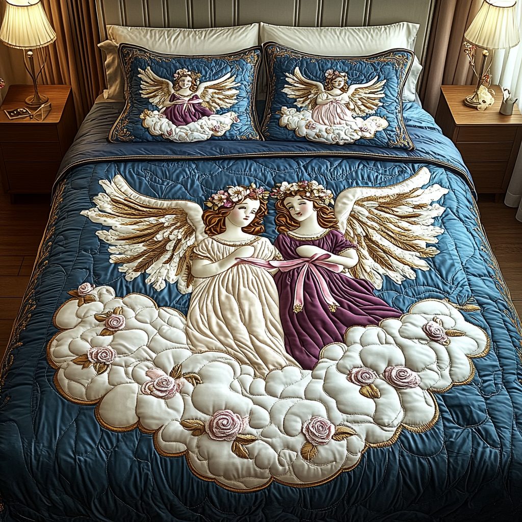 Angel Grace quilted 3-piece bedding set on a made bed in a softly lit bedroom