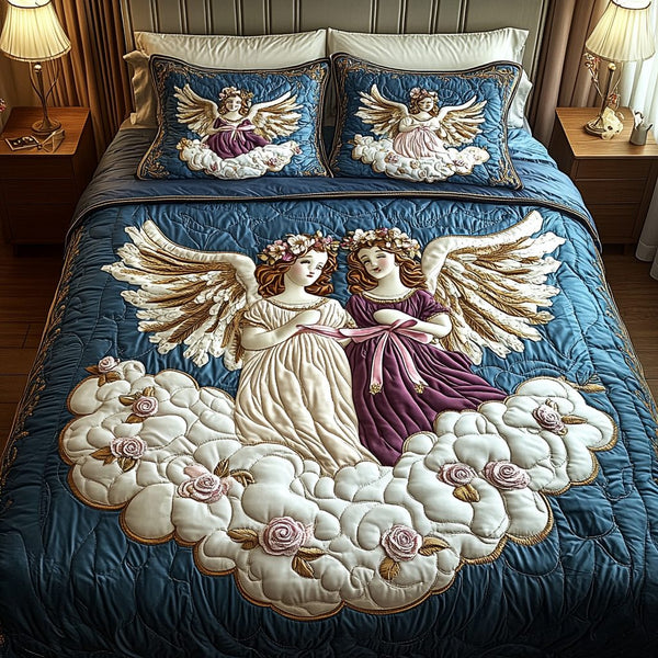 Angel Grace quilted 3-piece bedding set on a made bed in a softly lit bedroom