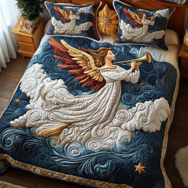 Angel of Peace quilted 3-piece bedding set on a made bed in a softly lit bedroom
