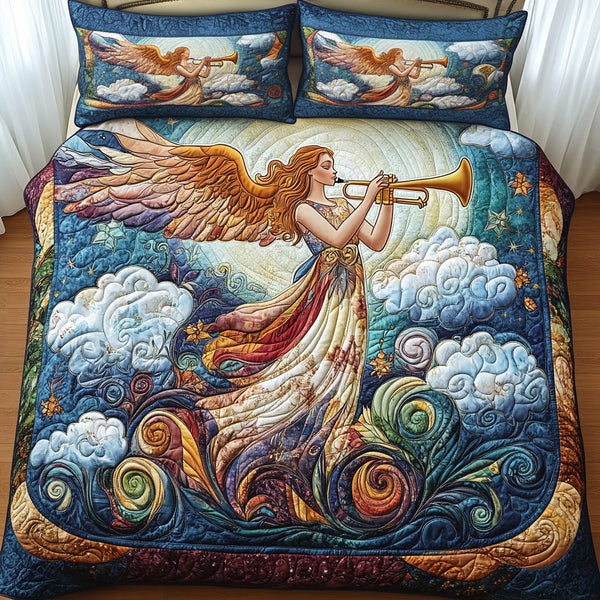 Angelic Melody quilted 3-piece bedding set on a made bed in a softly lit bedroom
