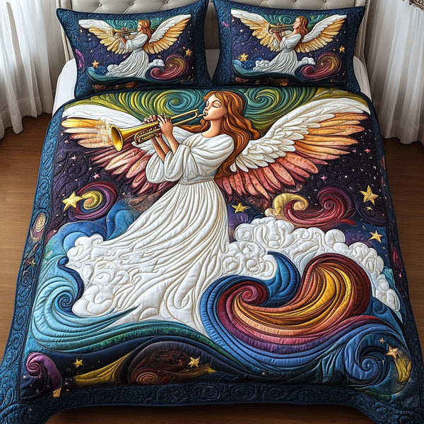 Angelic Star Symphony quilted 3-piece bedding set on a made bed in a softly lit bedroom