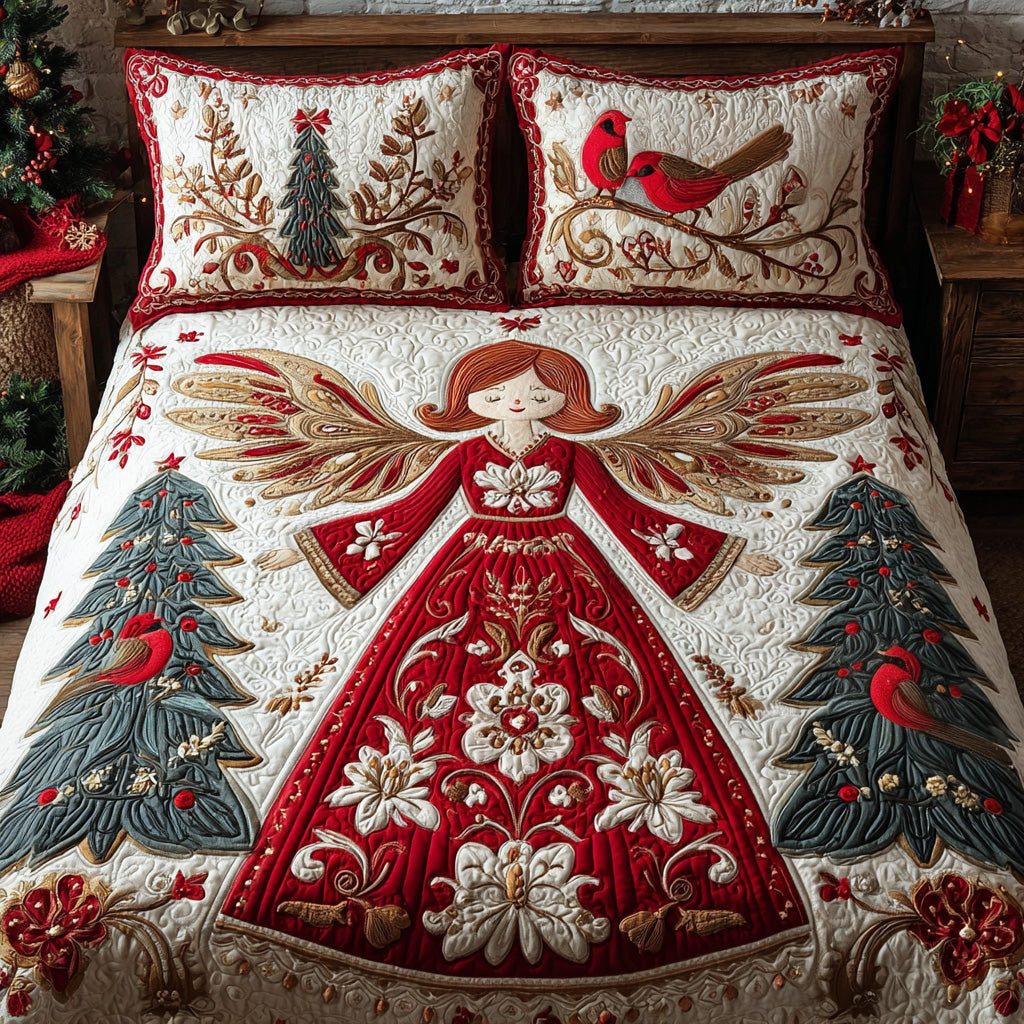 Angelic Wonder quilted 3-piece bedding set on a made bed in a softly lit bedroom
