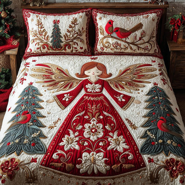 Angelic Wonder quilted 3-piece bedding set on a made bed in a softly lit bedroom