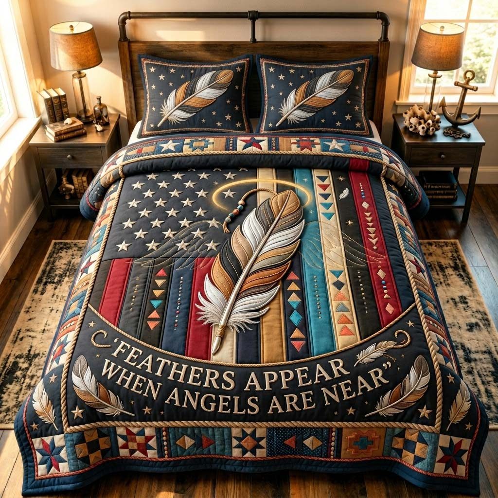 Angels Are Near quilted 3-piece bedding set on a made bed in a softly lit bedroom