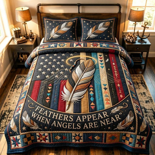 Angels Are Near quilted 3-piece bedding set on a made bed in a softly lit bedroom