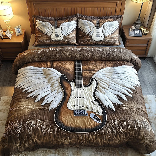 Angle Guitar quilted 3-piece bedding set on a made bed with two matching pillow shams