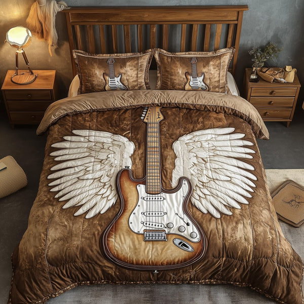 Angle Guitar quilted 3-piece bedding set on a made bed with two matching pillow shams