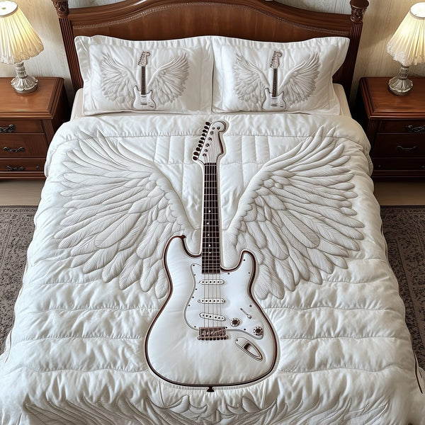 Angle Guitar quilted 3-piece bedding set on a made bed with two matching pillow shams