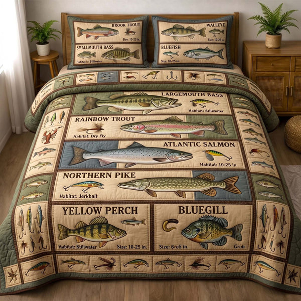Angler Guide quilted 3-piece bedding set on a made bed with two matching pillow shams