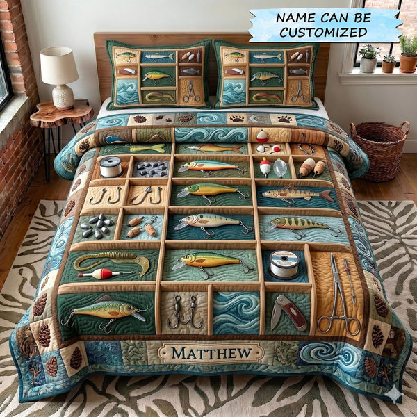 Angler Haven 3-Piece Quilted Bedding Set QTCUZ - Design 1 quilted 3-piece bedding set on a made bed with two matching pillow shams