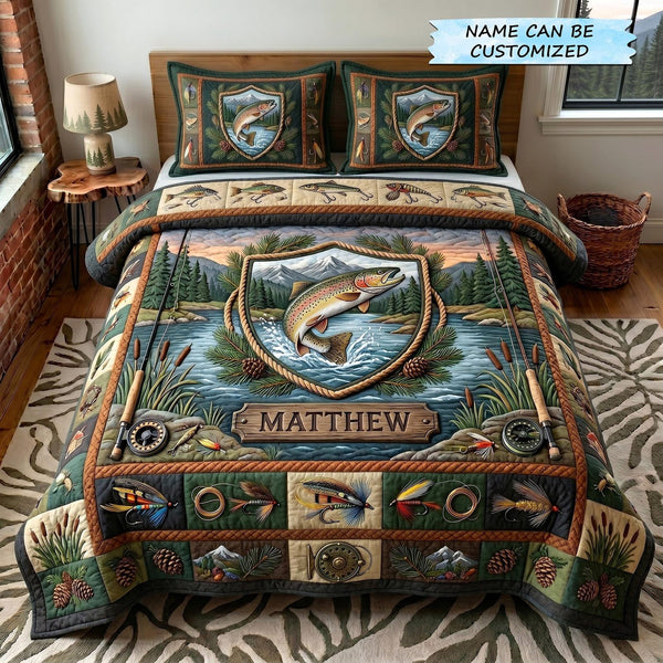 Angler Haven 3-Piece Quilted Bedding Set QTCUZ - Design 2 quilted 3-piece bedding set on a made bed with two matching pillow shams