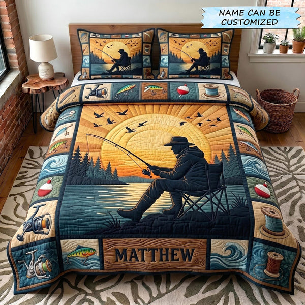 Angler Haven 3-Piece Quilted Bedding Set QTCUZ - Design 3 quilted 3-piece bedding set on a made bed with two matching pillow shams