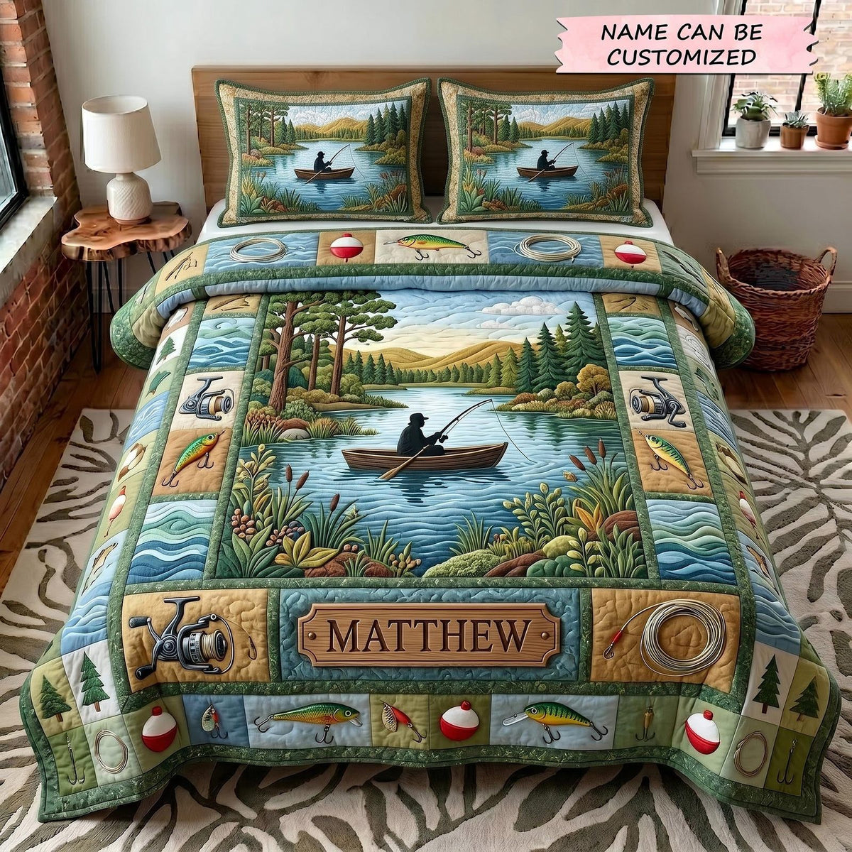 Angler Haven 3-Piece Quilted Bedding Set QTCUZ - Design 4 quilted 3-piece bedding set on a made bed with two matching pillow shams