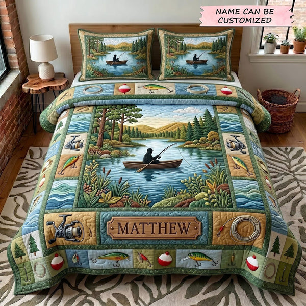 Angler Haven 3-Piece Quilted Bedding Set QTCUZ - Design 4 quilted 3-piece bedding set on a made bed with two matching pillow shams