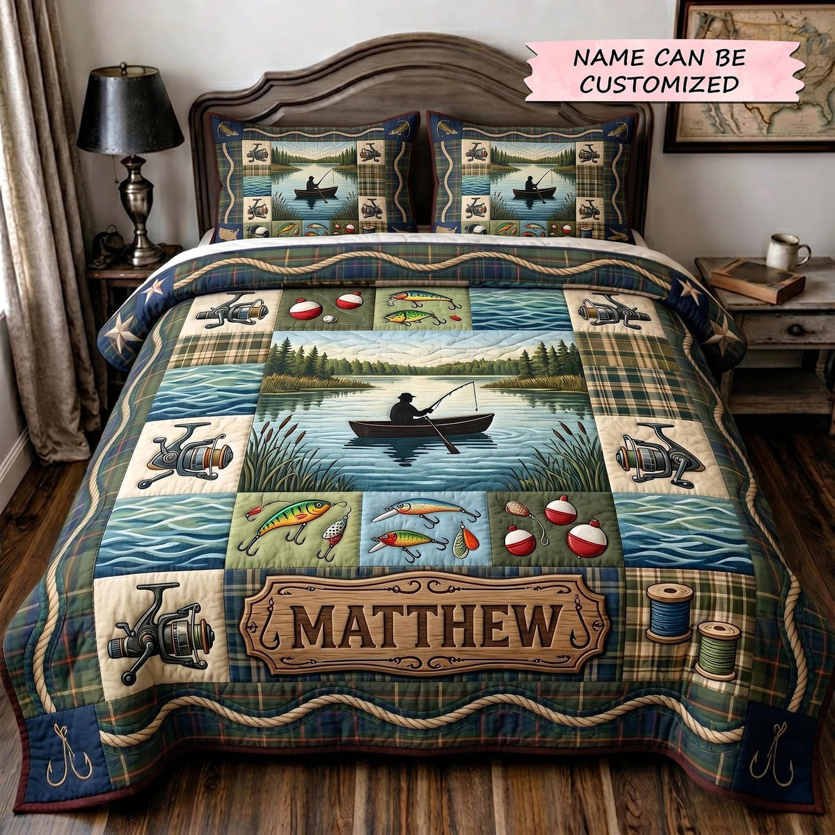 Angler Haven 3-Piece Quilted Bedding Set QTCUZ - Design 5 quilted 3-piece bedding set on a made bed with two matching pillow shams