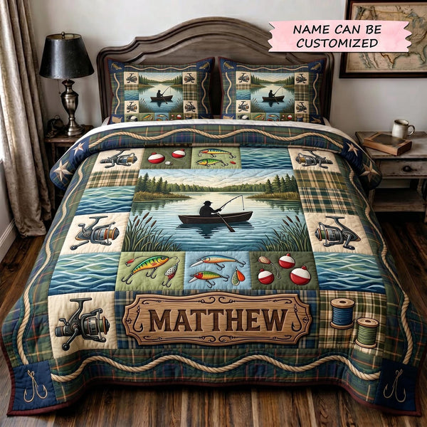 Angler Haven 3-Piece Quilted Bedding Set QTCUZ - Design 5 quilted 3-piece bedding set on a made bed with two matching pillow shams