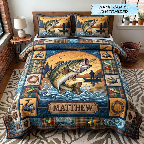 Angler Haven 3-Piece Quilted Bedding Set QTCUZ - Design 6 quilted 3-piece bedding set on a made bed with two matching pillow shams
