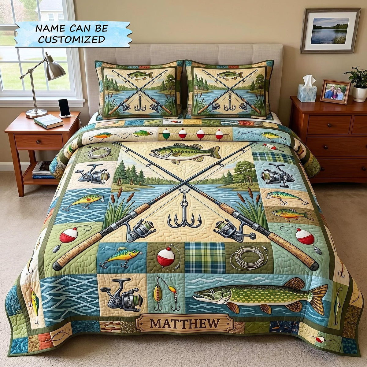 Angler Haven 3-Piece Quilted Bedding Set QTCUZ - Design 7 quilted 3-piece bedding set on a made bed with two matching pillow shams