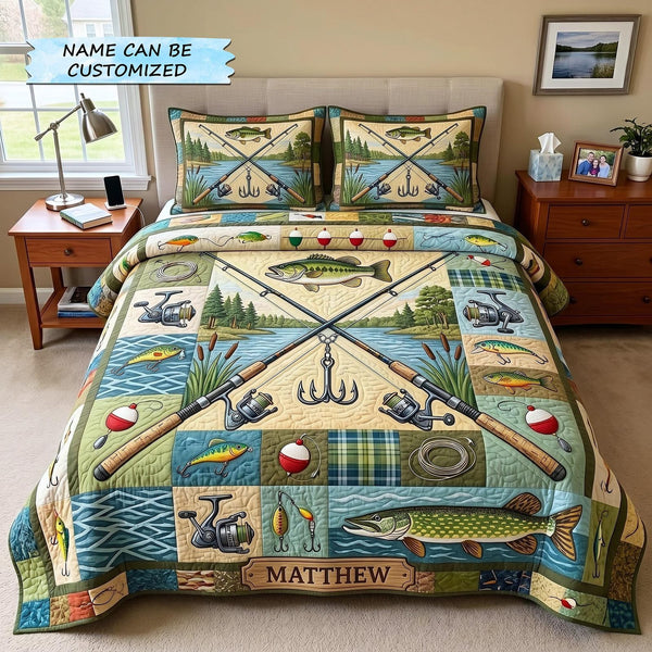 Angler Haven 3-Piece Quilted Bedding Set QTCUZ - Design 7 quilted 3-piece bedding set on a made bed with two matching pillow shams