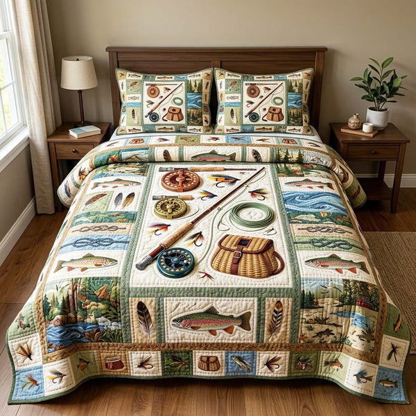 Angler Kit quilted 3-piece bedding set on a made bed with two matching pillow shams