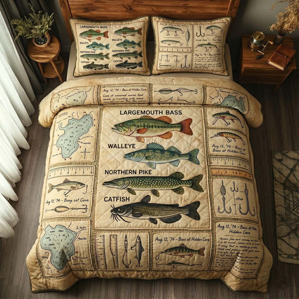 Angler Log quilted 3-piece bedding set on a made bed with two matching pillow shams