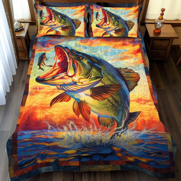 Angler's Dream quilted 3-piece bedding set on a made bed with two matching pillow shams