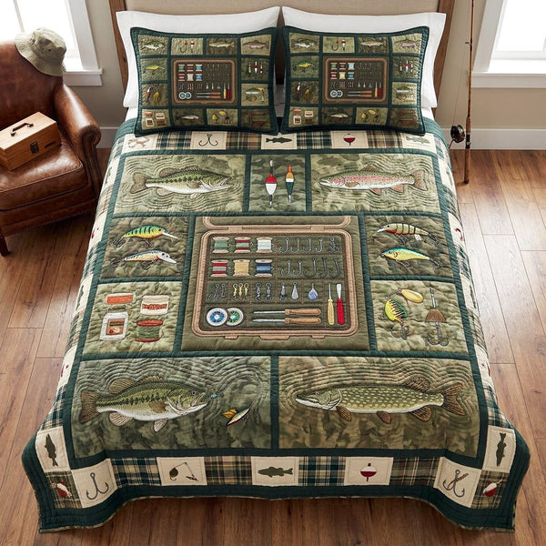 Angler Workshop quilted 3-piece bedding set on a made bed with two matching pillow shams