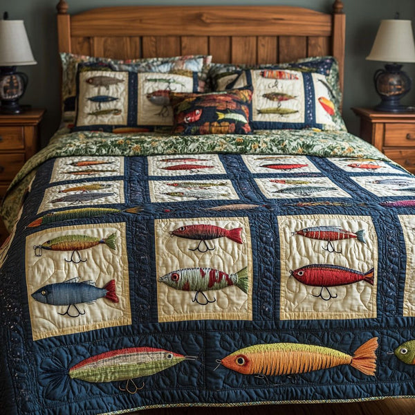 Angling Adventure quilted 3-piece bedding set on a made bed in a winter-styled bedroom