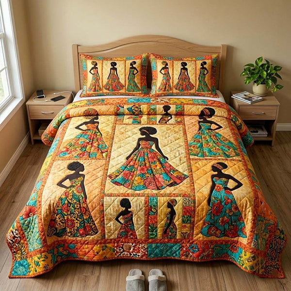 Ankara Queen quilted 3-piece bedding set on a made bed with two matching pillow shams