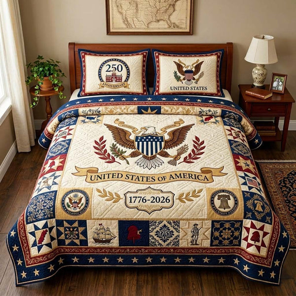 Anniversary Eagle quilted 3-piece bedding set on a made bed in a warmly lit bedroom