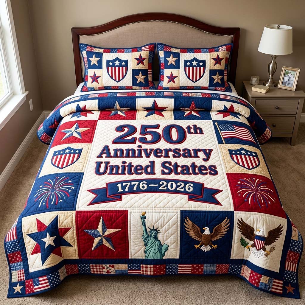 Anniversary Honor quilted 3-piece bedding set on a made bed in a warmly lit bedroom