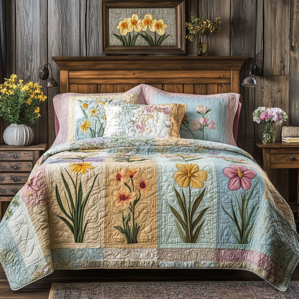 Antique Blossom quilted 3-piece bedding set on a made bed in a farmhouse bedroom
