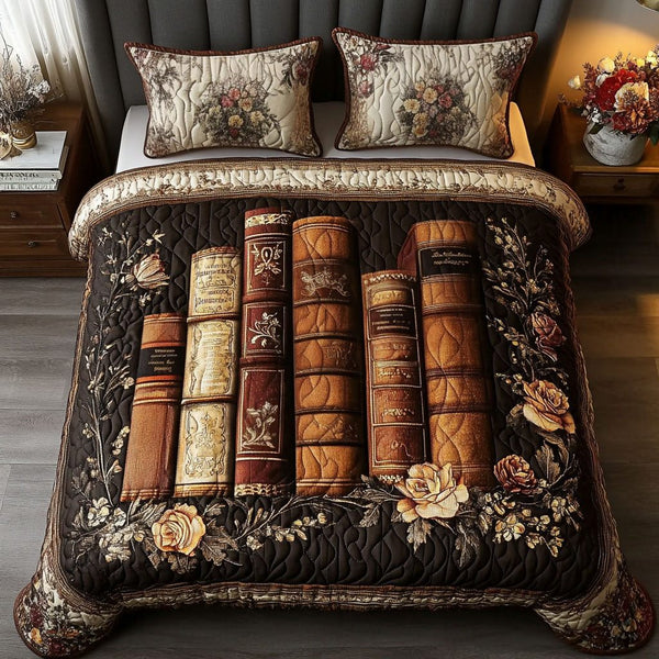Antique Book Collection quilted 3-piece bedding set on a made bed in a farmhouse bedroom