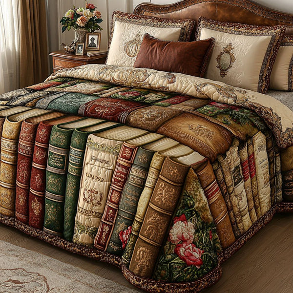 Antique Bookshelf quilted 3-piece bedding set on a made bed in a farmhouse bedroom