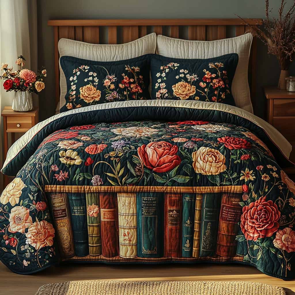 Antique Garden quilted 3-piece bedding set on a made bed in a farmhouse bedroom