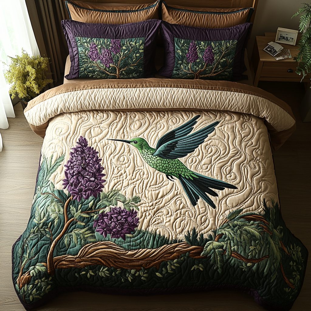 Antique Hummingbird quilted 3-piece bedding set on a made bed in a farmhouse bedroom
