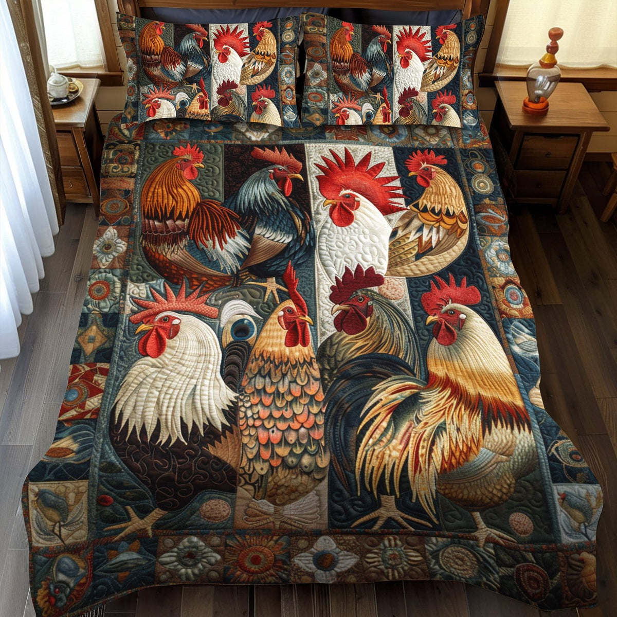 Antique Rooster quilted 3-piece bedding set on a made bed in a farmhouse bedroom