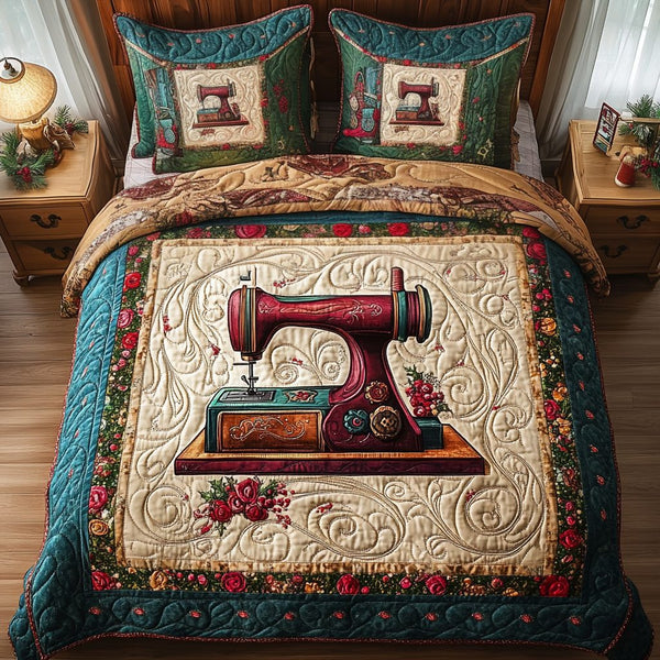 Antique Stitch Haven quilted 3-piece bedding set on a made bed in a farmhouse bedroom
