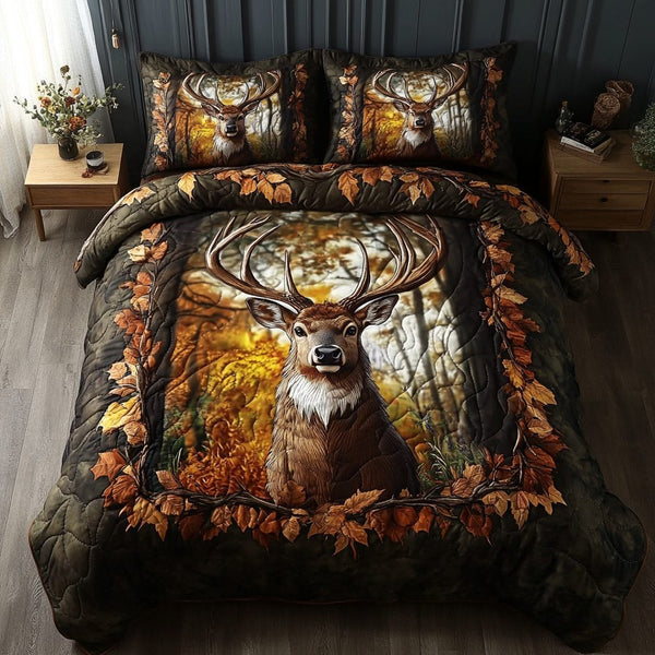 Antler Charm quilted 3-piece bedding set on a made bed with two matching pillow shams