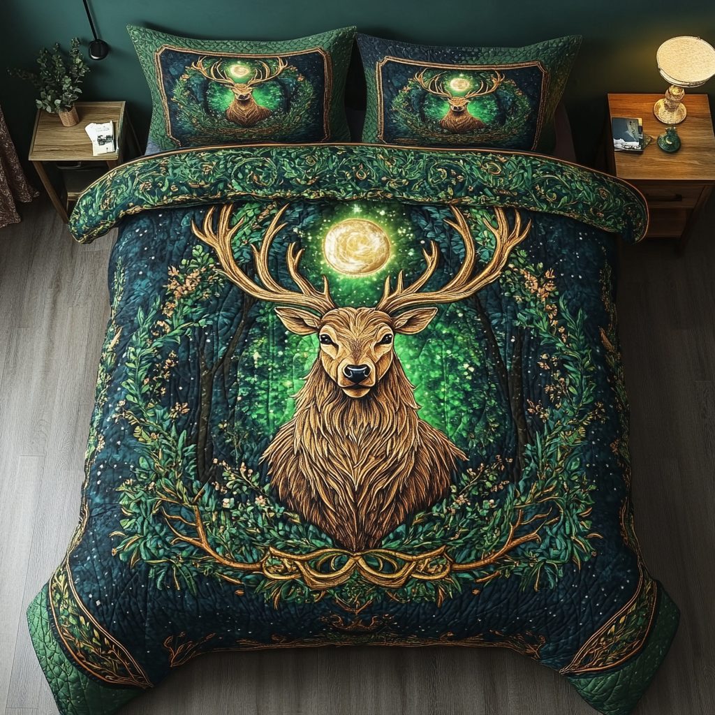 Antler Elegance quilted 3-piece bedding set on a made bed with two matching pillow shams