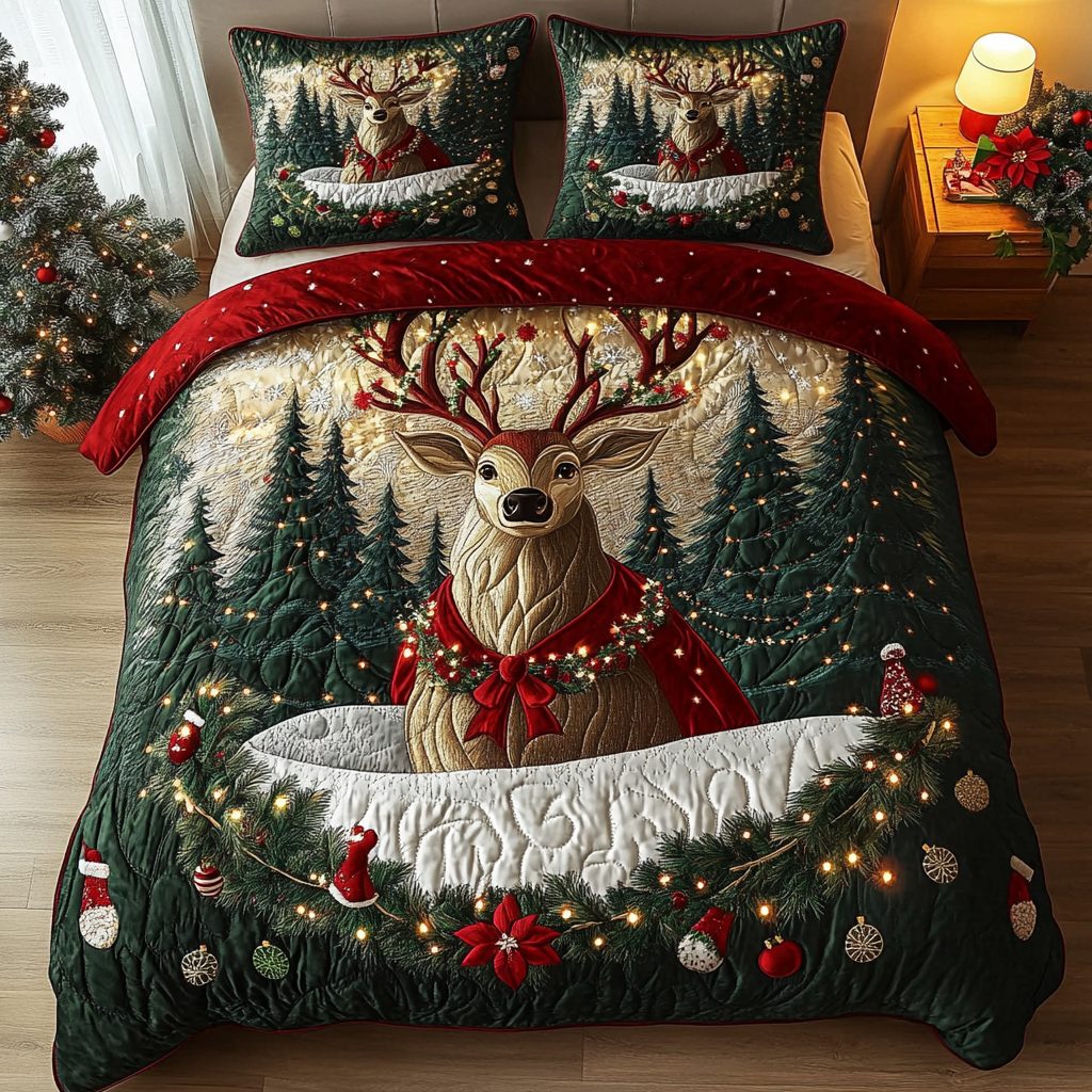 Antler Grace quilted 3-piece bedding set on a made bed with two matching pillow shams