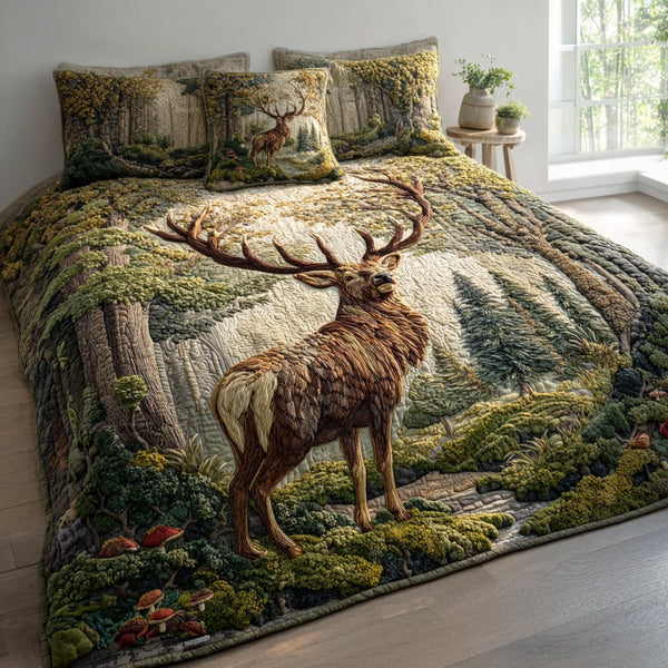 Antler Grove quilted 3-piece bedding set on a made bed with two matching pillow shams