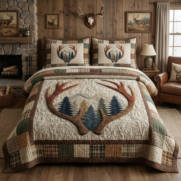 Antler Horizon quilted 3-piece bedding set on a made bed with two matching pillow shams