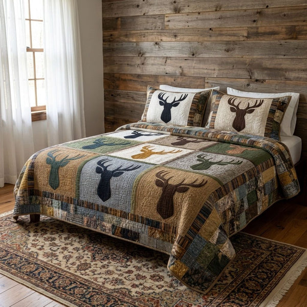 Antler Woods quilted 3-piece bedding set on a made bed with two matching pillow shams